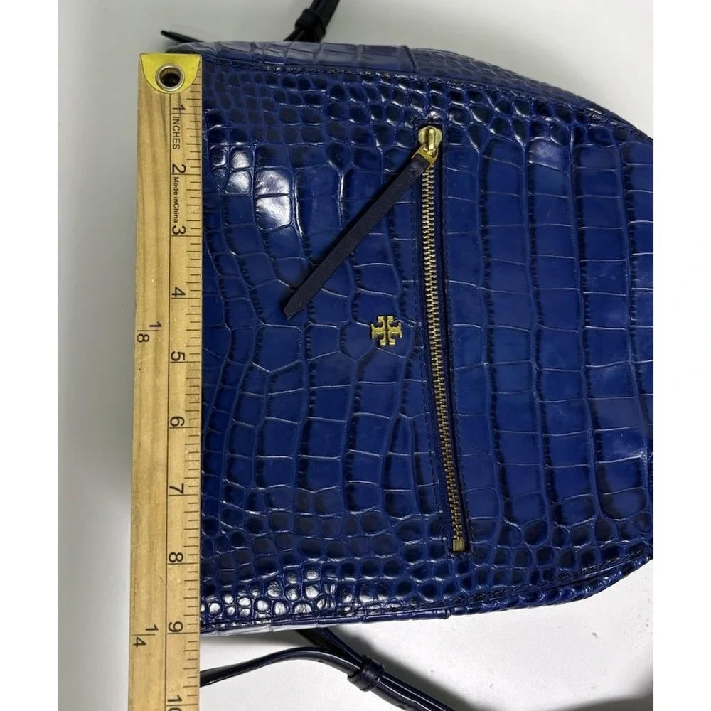 Tory Burch Navy Blue Croc Embossed Leather Backpack City Shoulder Bag Old Money